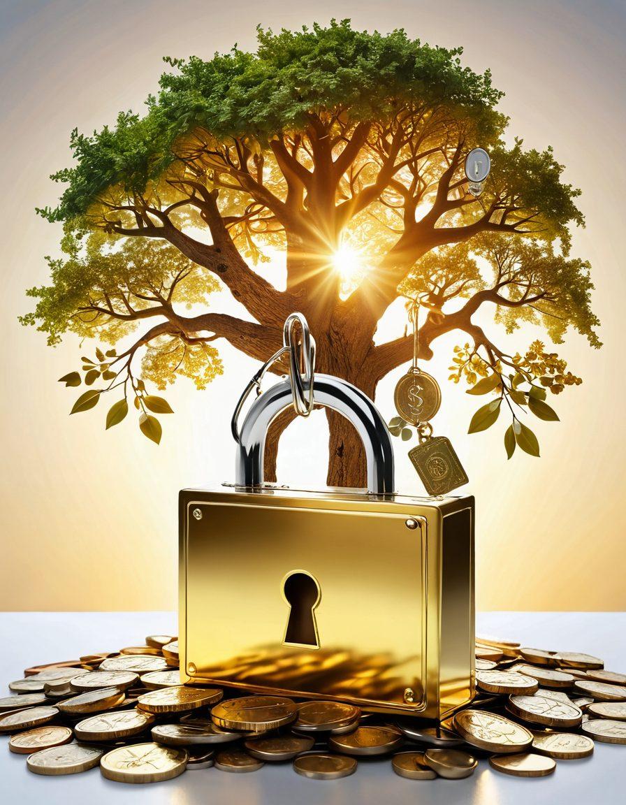A key opening a large, golden lock symbolizing financial freedom, surrounded by images of currency, a flourishing tree representing growth, and a lightbulb signifying smart strategies. The background features a sunrise, symbolizing new beginnings and opportunities. super-realistic. vibrant colors. white background.