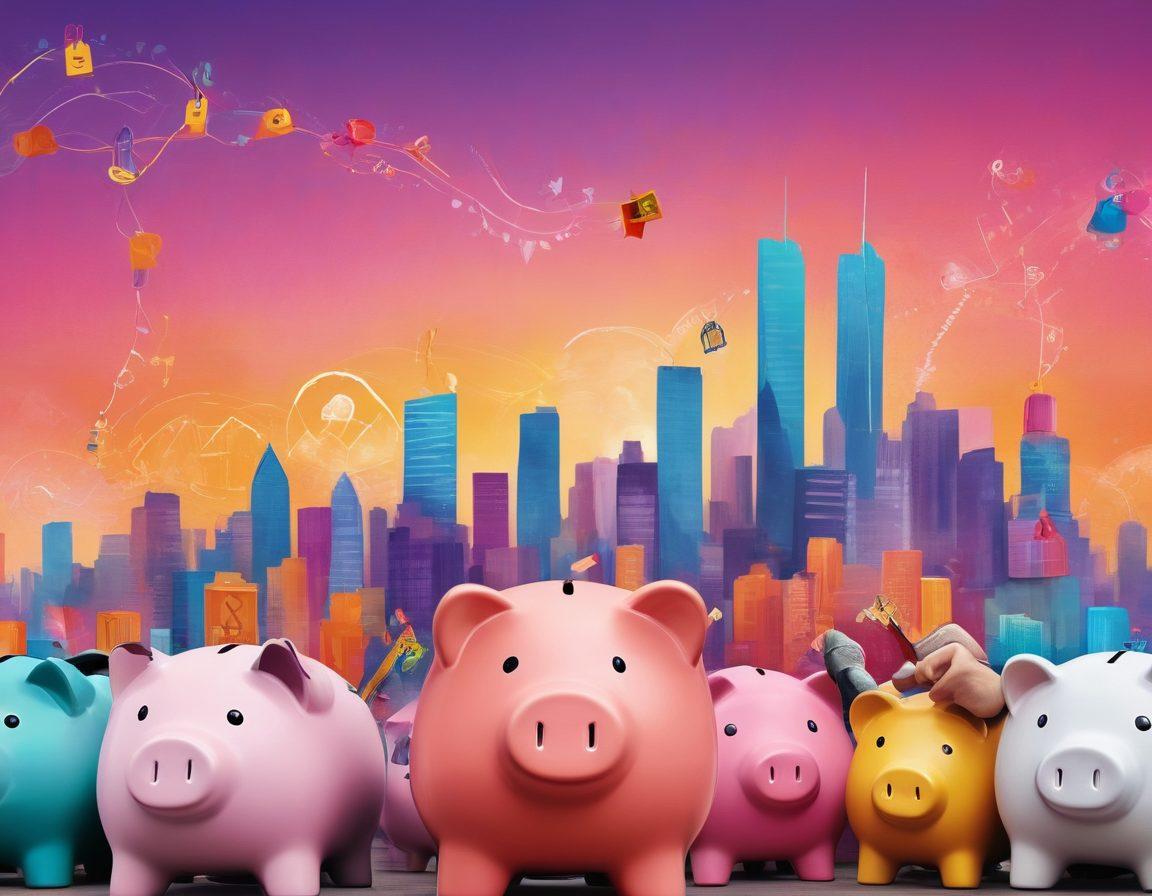 A conceptual illustration featuring a diverse group of individuals joyfully exchanging ideas on financial independence, surrounded by symbols of savings like piggy banks, rising graphs, and secure locks. The atmosphere radiates positivity and hope, with bright colors symbolizing wealth and growth. The background showcases a skyline representing a thriving economy. super-realistic. vibrant colors. dynamic composition.