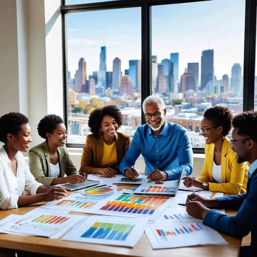 A diverse group of people of various ages and ethnicities, joyfully collaborating around a large table covered with colorful charts, laptops, and financial books, symbolizing smart investing. Bright, city skyline in the background to represent financial growth and opportunity. Dreamy light shining through a large window, embodying hope and transformation into financial freedom. super-realistic. vibrant colors. dynamic composition.